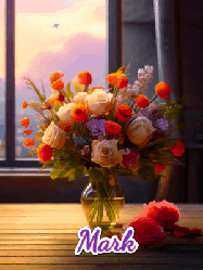 Happy Birthday Mark GIF: A vase of flowers and animated hearts pop in and out as the words Happy Birthday Name appears that you can customize