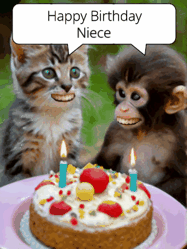 Happy Birthday Niece GIF: GIF with monkey and cake with birthday cake, flickering candles, they talk, a camera flash, big goofy smiles.