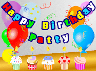 Happy Birthday Patty GIF: Animated happy birthday gif with a party balloon background, a row of cupcakes, and birthday banner to customize.