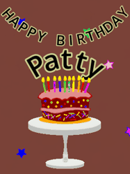 Happy Birthday Patty GIF: Animated birthday gif of a chocolate cartoon cake and stars. Animated text can be customized with name.
