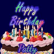 Happy Birthday Patty GIF: A dark blue birthday gif with a beautiful cake with flickering candles, background sparkles and a name to customize.