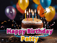 Happy Birthday Patty GIF: A birthday cake with flickering candles gif with text reading Happy Birthday and a Name slot to customize