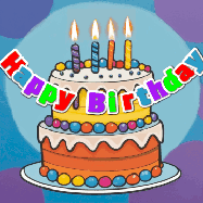 Happy Birthday Randy GIF: Festive birthday cake GIF with name, stars, hearts, and confetti streaking past and flickering candles.