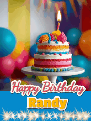Happy Birthday Randy GIF: A birthday card gif with a cake and candle and a blue ribbon with animated sparklers. Reads Happy Birthday Name