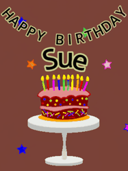 Happy Birthday Sue GIF: Animated birthday gif of a chocolate cartoon cake and stars. Animated text can be customized with name.