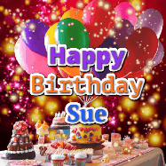 Happy Birthday Sue GIF: Animated happy birthday gif on a bright red glittery background and 3 lines of text reading Happy Birthday Customize
