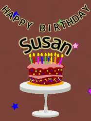 Happy Birthday Susan GIF: Animated birthday gif of a chocolate cartoon cake and stars. Animated text can be customized with name.