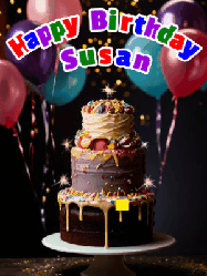 Happy Birthday Susan GIF: Beautiful birthday cake animated gif, a celebration of balloons, confetti, and sparklers. Customize banner and name.