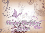 Happy Birthday Susan GIF: Classical birthday gif background with colorful musical notes floating past and a name you can customize, reads Happy Birthday.