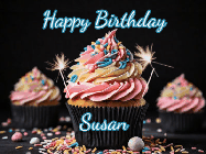 Happy Birthday Susan GIF: A delicious cupcake gif with animated sparkles reading Happy Birthday with a name to customize