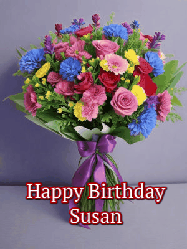 Happy Birthday Susan GIF: A beautiful animated birthday gif with a bouquet of flowers and animated hearts reading Happy Birthday Customize