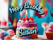 Happy Birthday Susan GIF: Animated Happy Birthday Gif reading Happy Birthday Customize. Depicts a colorful birthday with flickering candles and glitter.