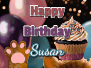 Happy Birthday Susan GIF: Cute Kitten Birthday Cupcake GIF with a cupcake raised by a cats head, then it pulls down text reading Happy Birthday Name