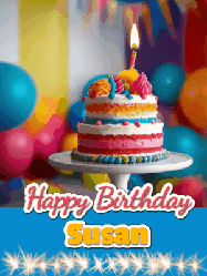 Happy Birthday Susan GIF: A birthday card gif with a cake and candle and a blue ribbon with animated sparklers. Reads Happy Birthday Name
