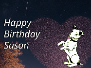 Happy Birthday Susan GIF: Happy Birthday GIF at night with a cute drawn dog, floating balloons, and a shooting star in front of a heart shaped star formation.
