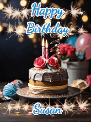 Happy Birthday Susan GIF: Sparkles and glitter happy birthday gif with a cake and flickering candles and sparklers behind the words happy birthday customize