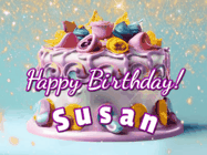 Happy Birthday Susan GIF: A beautiful birthday cake gif with animated sparkles and glitter Happy Birthday Name you can customize