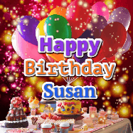 Happy Birthday Susan GIF: Animated happy birthday gif on a bright red glittery background and 3 lines of text reading Happy Birthday Customize