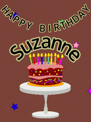 Happy Birthday Suzanne GIF: Animated birthday gif of a chocolate cartoon cake and stars. Animated text can be customized with name.