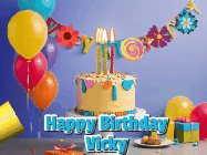 Happy Birthday Vicky GIF: Happy birthday cake animated gif with flickering candles, balloons, confetti, and text to customize.