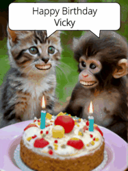 Happy Birthday Vicky GIF: GIF with monkey and cake with birthday cake, flickering candles, they talk, a camera flash, big goofy smiles.
