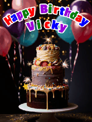 Happy Birthday Vicky GIF: Beautiful birthday cake animated gif, a celebration of balloons, confetti, and sparklers. Customize banner and name.
