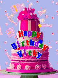 Happy Birthday Vicky GIF: A big beautiful birthday cake gif with falling confetti, sparklers, and balloons, reads Happy Birthday Name. Customize it.