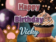 Happy Birthday Vicky GIF: Cute Kitten Birthday Cupcake GIF with a cupcake raised by a cats head, then it pulls down text reading Happy Birthday Name
