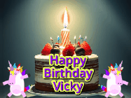 Happy Birthday Vicky GIF: An animated gif with 2 unicorns and a birthday candle on a cake.