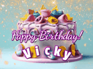 Happy Birthday Vicky GIF: A beautiful birthday cake gif with animated sparkles and glitter Happy Birthday Name you can customize