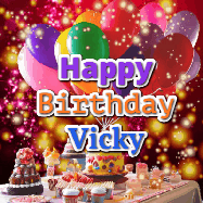 Happy Birthday Vicky GIF: Animated happy birthday gif on a bright red glittery background and 3 lines of text reading Happy Birthday Customize