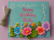 Happy Birthday Vicky GIF: Animated Birthday GIF as a colorful birthday card reading Happy Birthday Name and flower petals floating past.