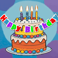 Happy Birthday Vicky GIF: Festive birthday cake GIF with name, stars, hearts, and confetti streaking past and flickering candles.