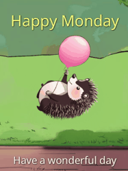 Happy Monday GIF, number 25: A cute cartoon gif: a hedgehog floating with a red balloon, text reading Good Morning. Customized with three lines of text.