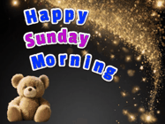 Happy Sunday GIF, number 1: A cute teddy bear sits in corner of animated happy birthday gif with customized greeting. Sparklers and animated text.