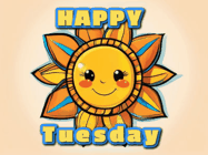 Happy Tuesday GIF, number 26: Animated good morning gif with a big smiling sun that changes slightly to blue and text bounces reading Good Morning Customize