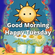 Happy Tuesday GIF, number 9: Cute smiling sun shines rays of light onto daisies that launch glittery sparkles upwards.