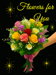 Animated gif of a flower bouquet in someone's hand reading 'Flowers for you' and retro styled stars turn on black background