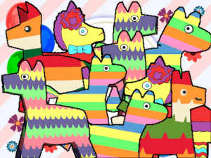 Animated birthday gif of a group of pinatas getting their picture taken. Flash. Red eyes. Smiles. Customize it.