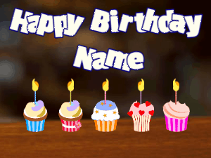 Happy Birthday GIF:Five birthday cupcakes on a bar