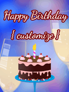 Champagne animated birthday gif toasting with a sparkle in front of a chocolate cartoon birthday cake.