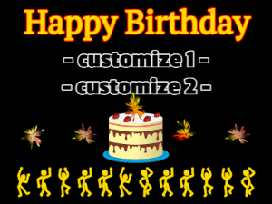 Animated happy birthday gif with a row of little stick figure dancers under a birthday cake and sparklers. Customize it!