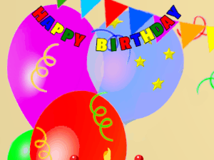 Happy Birthday GIF:Chocolate birthday cake in a party room