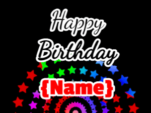 Happy Birthday GIF with a rotating star and rainbow marquee and 3 lines of colorful text to customize.