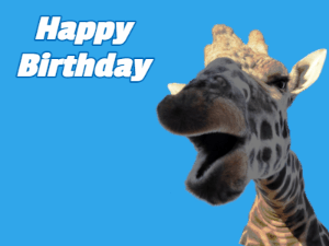 Cute animated happy birthday gif of a giraffe looking down to say happy birthday to the name you customize.