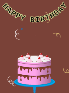 Happy Birthday GIF:Birthday GIF,pink cake,brown background,hearts & confetti