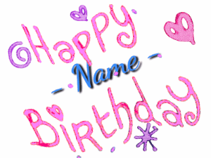 Happy birthday animated gif with animated doodles, pink text, and with a name you can customize.
