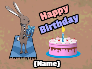 A polite looking rabbit with a wiggling tails delivers a birthday gift. Customize the message and name.