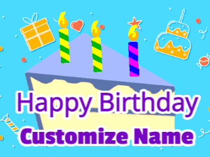 Happy Birthday GIF:Cake, three candles, and a cute little popup friend