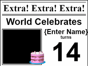 Happy Birthday GIF:Newspaper headlines birthday gif with pink cake